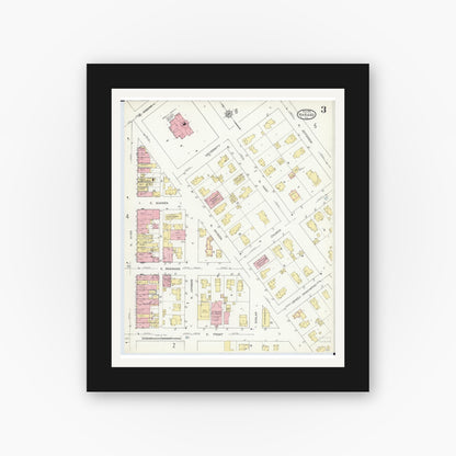 Old map wall art mockup — black gallery frame with white mat — Sanborn Fire Insurance Map from Harvard, McHenry County, Illinois (1912), Sheet #0003