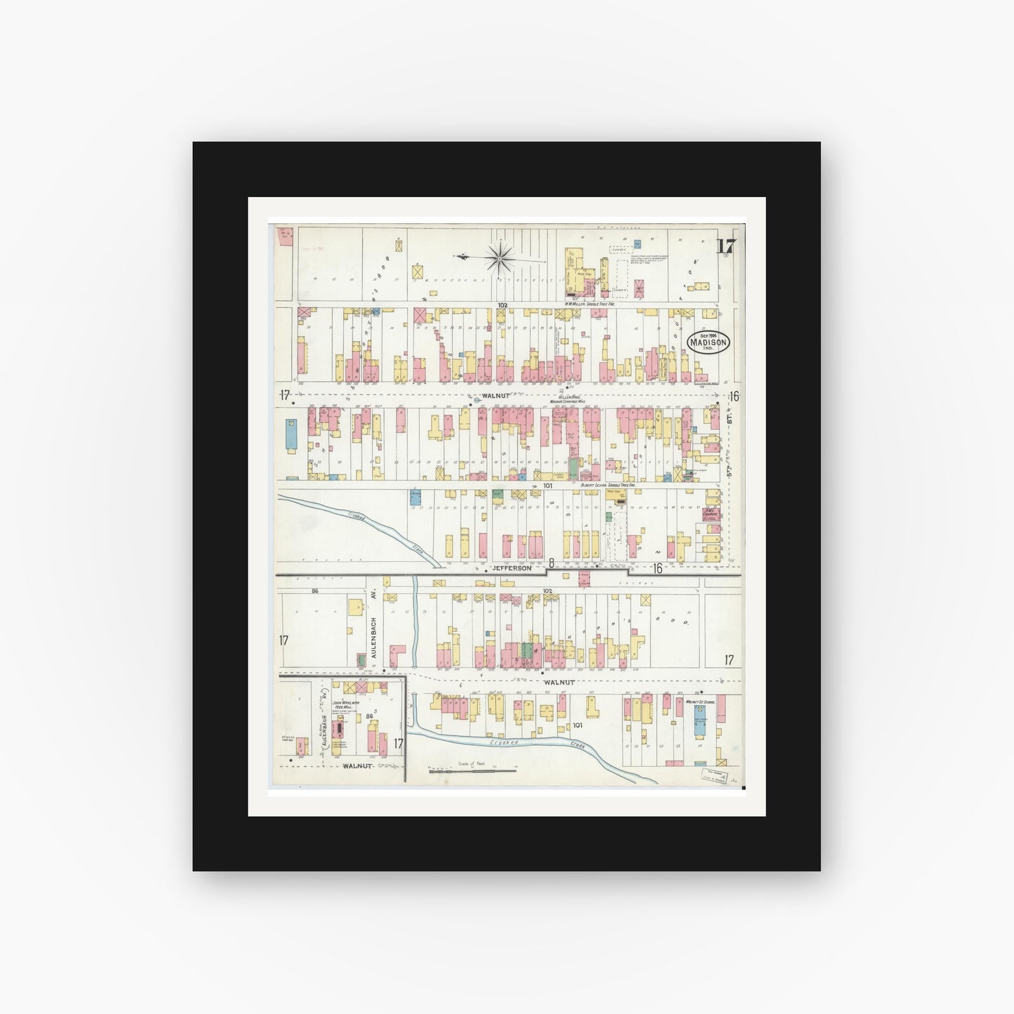 Old map wall art mockup — black gallery frame with white mat — Sanborn Fire Insurance Map from Madison, Jefferson County, Indiana (1904), Sheet #0017