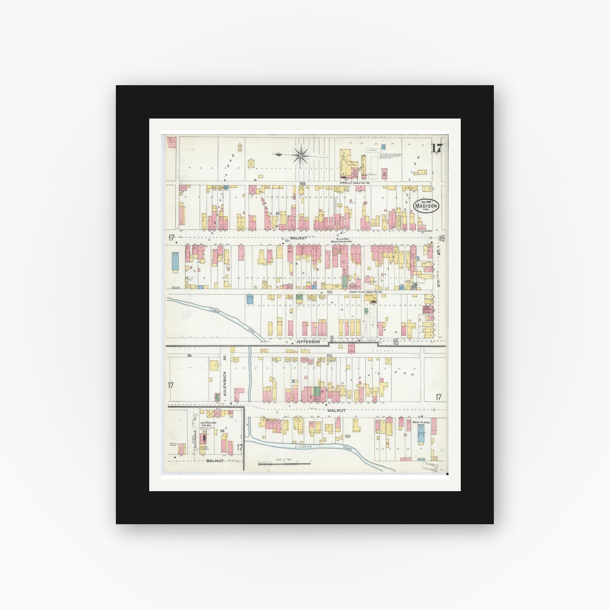 Old map wall art mockup — black gallery frame with white mat — Sanborn Fire Insurance Map from Madison, Jefferson County, Indiana (1904), Sheet #0017