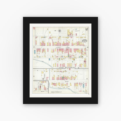 Old map wall art mockup — black gallery frame with white mat — Sanborn Fire Insurance Map from Madison, Jefferson County, Indiana (1904), Sheet #0017