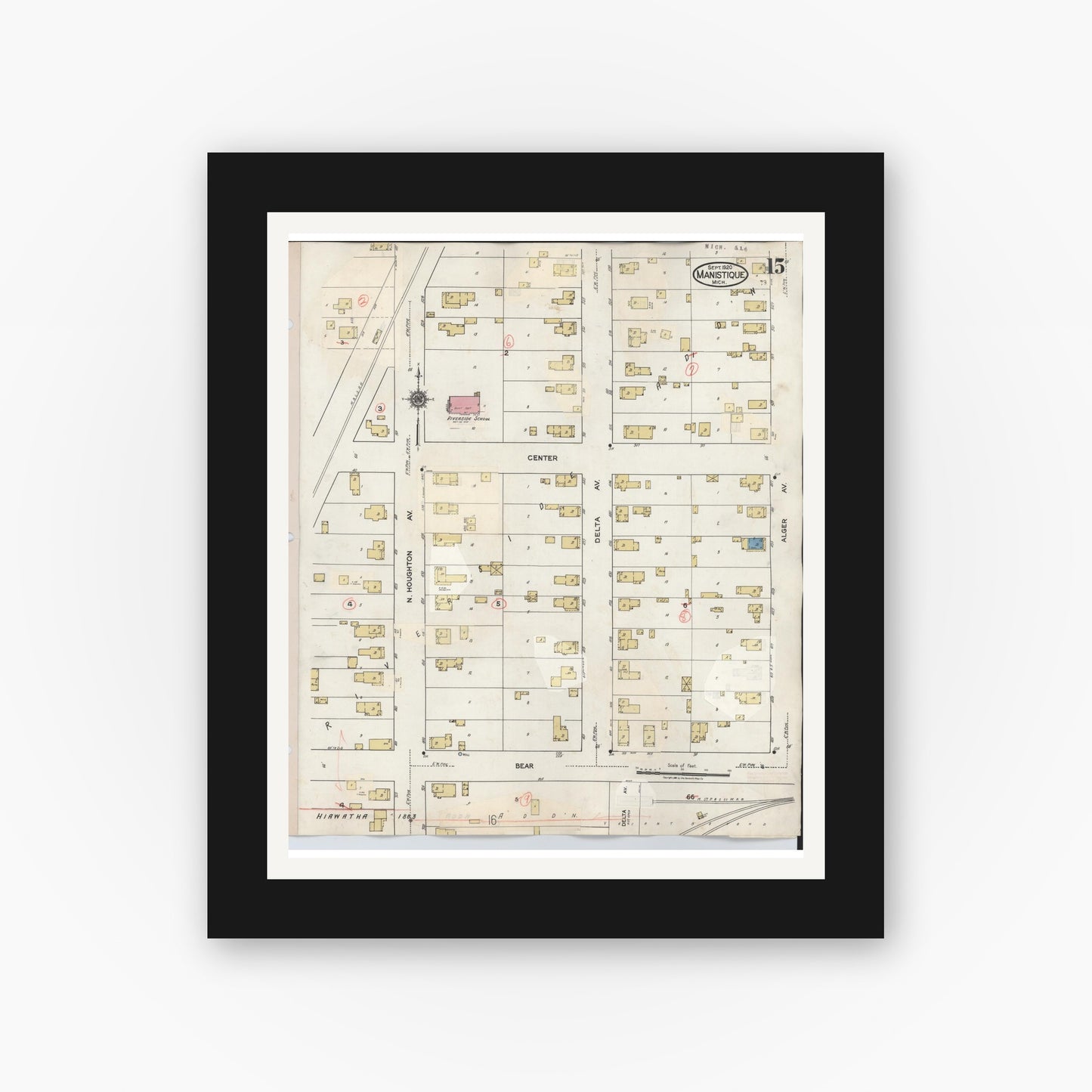 Old map wall art mockup — black gallery frame with white mat — Sanborn Fire Insurance Map from Manistique, Schoolcraft County, Michigan (1950), Sheet #0015