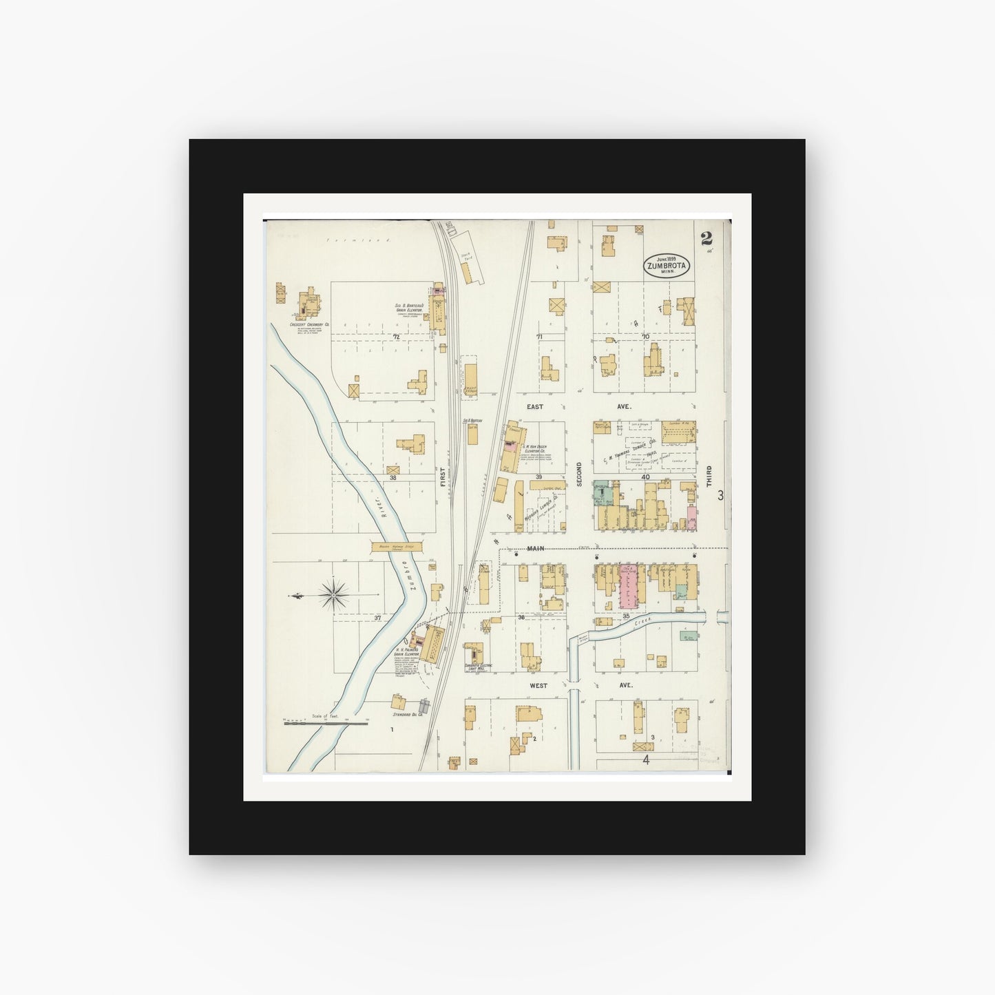 Old map wall art mockup — black gallery frame with white mat — Sanborn Fire Insurance Map from Zumbrota, Goodhue County, Minnesota (1899), Sheet #0002