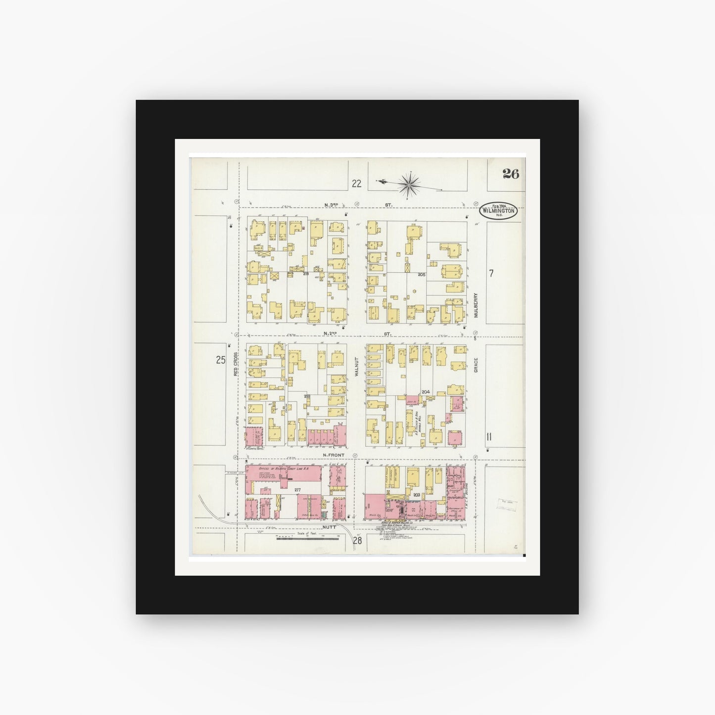 Old map wall art mockup — black gallery frame with white mat — Sanborn Fire Insurance Map from Wilmington, New Hanover County, North Carolina (1904), Sheet #0026