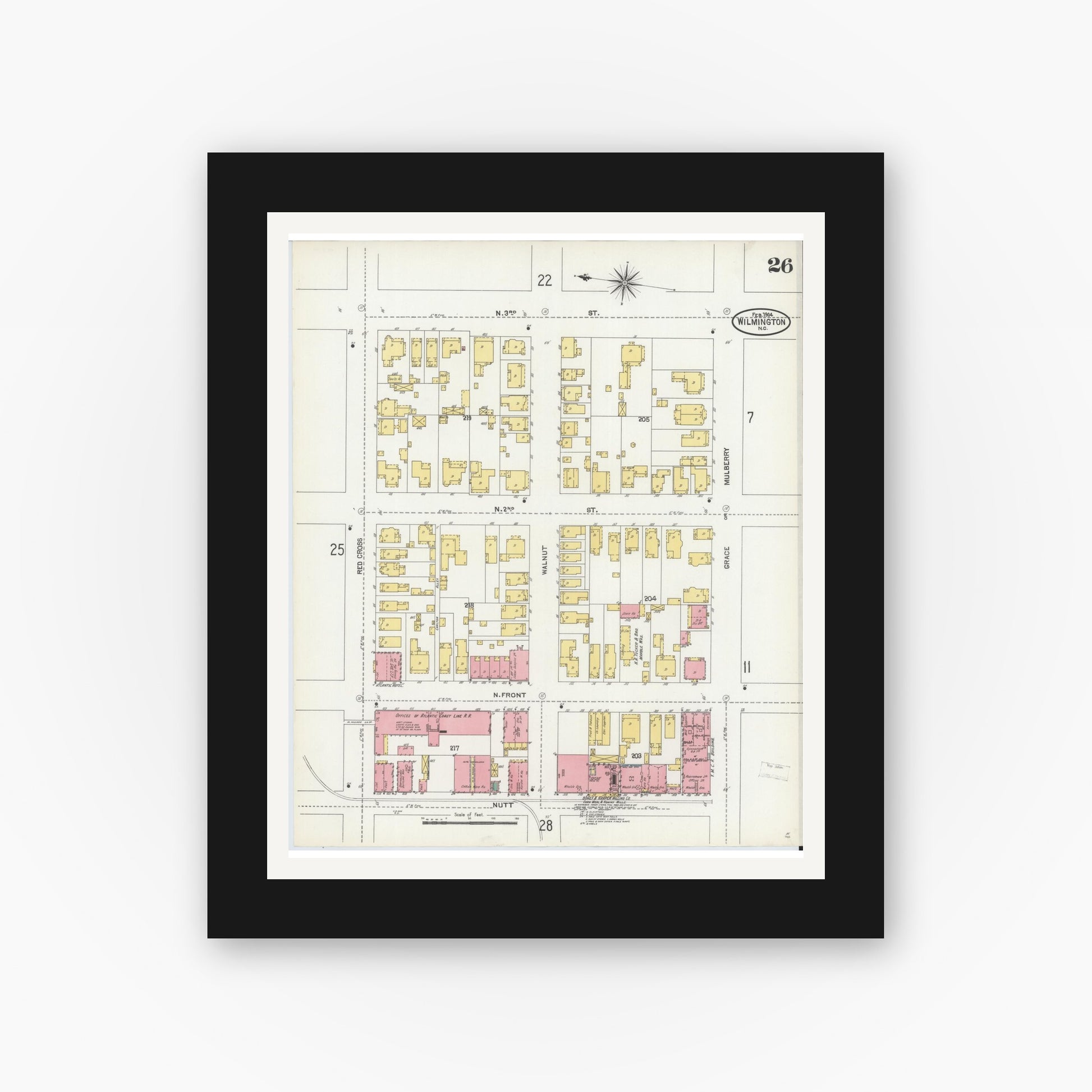 Old map wall art mockup — black gallery frame with white mat — Sanborn Fire Insurance Map from Wilmington, New Hanover County, North Carolina (1904), Sheet #0026
