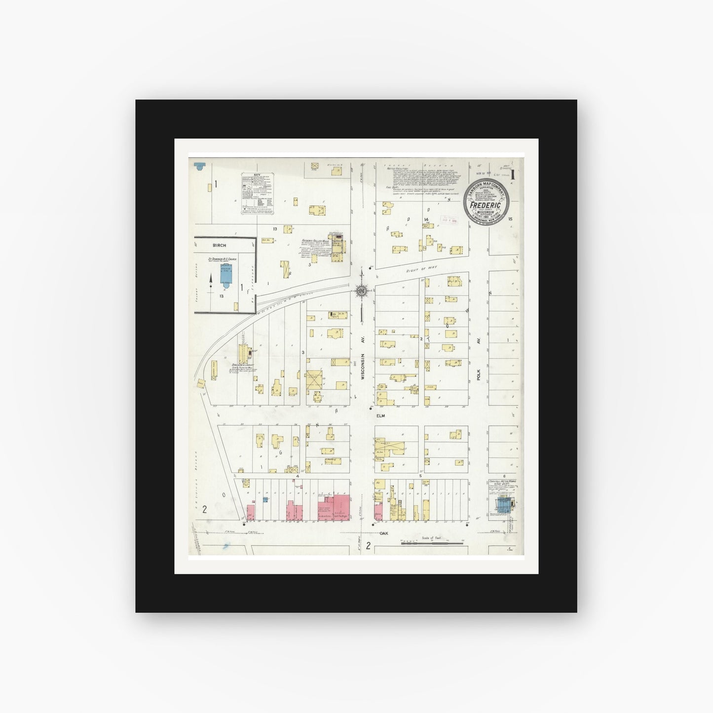 Old map wall art mockup — black gallery frame with white mat — Sanborn Fire Insurance Map from Frederic, Polk County, Wisconsin (1911) - Complete Map Set