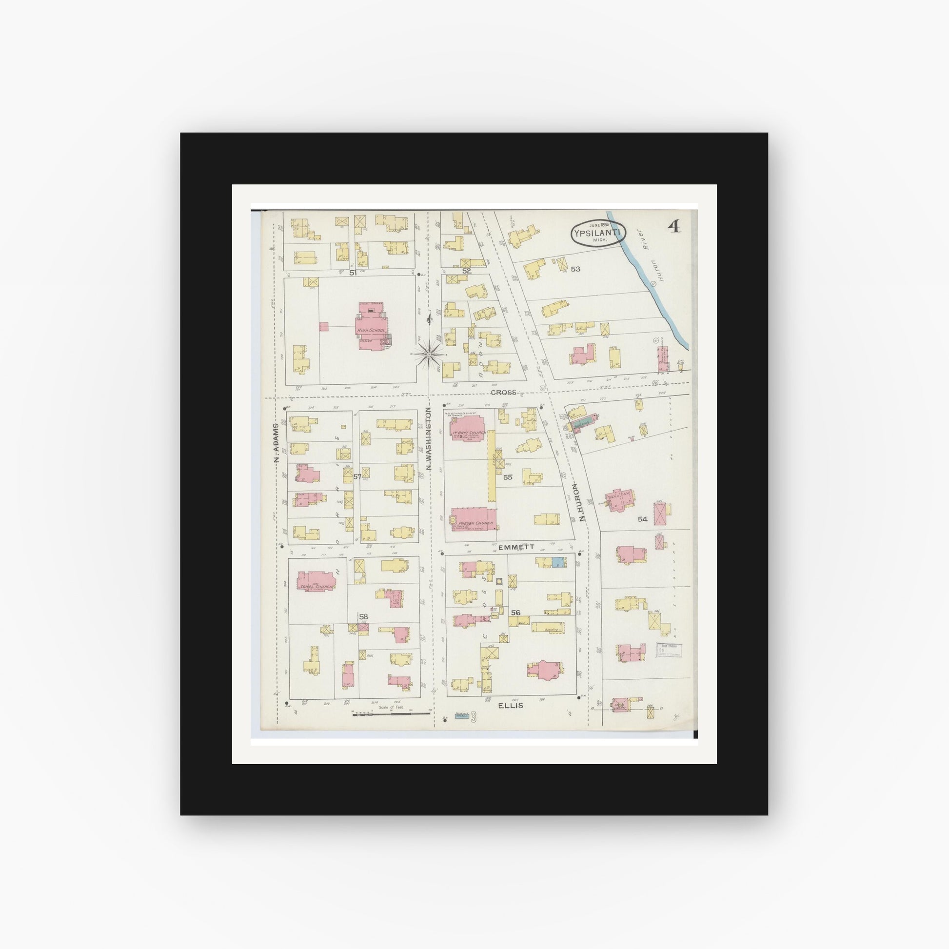 Old map wall art mockup — black gallery frame with white mat — Sanborn Fire Insurance Map from Ypsilanti, Washtenaw County, Michigan (1893), Sheet #0004