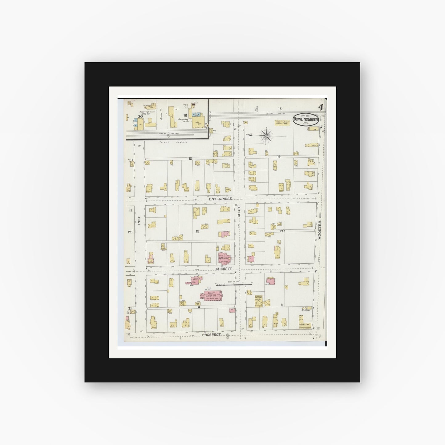 Old map wall art mockup — black gallery frame with white mat — Sanborn Fire Insurance Map from Bowling Green, Wood County, Ohio (1893), Sheet #0004