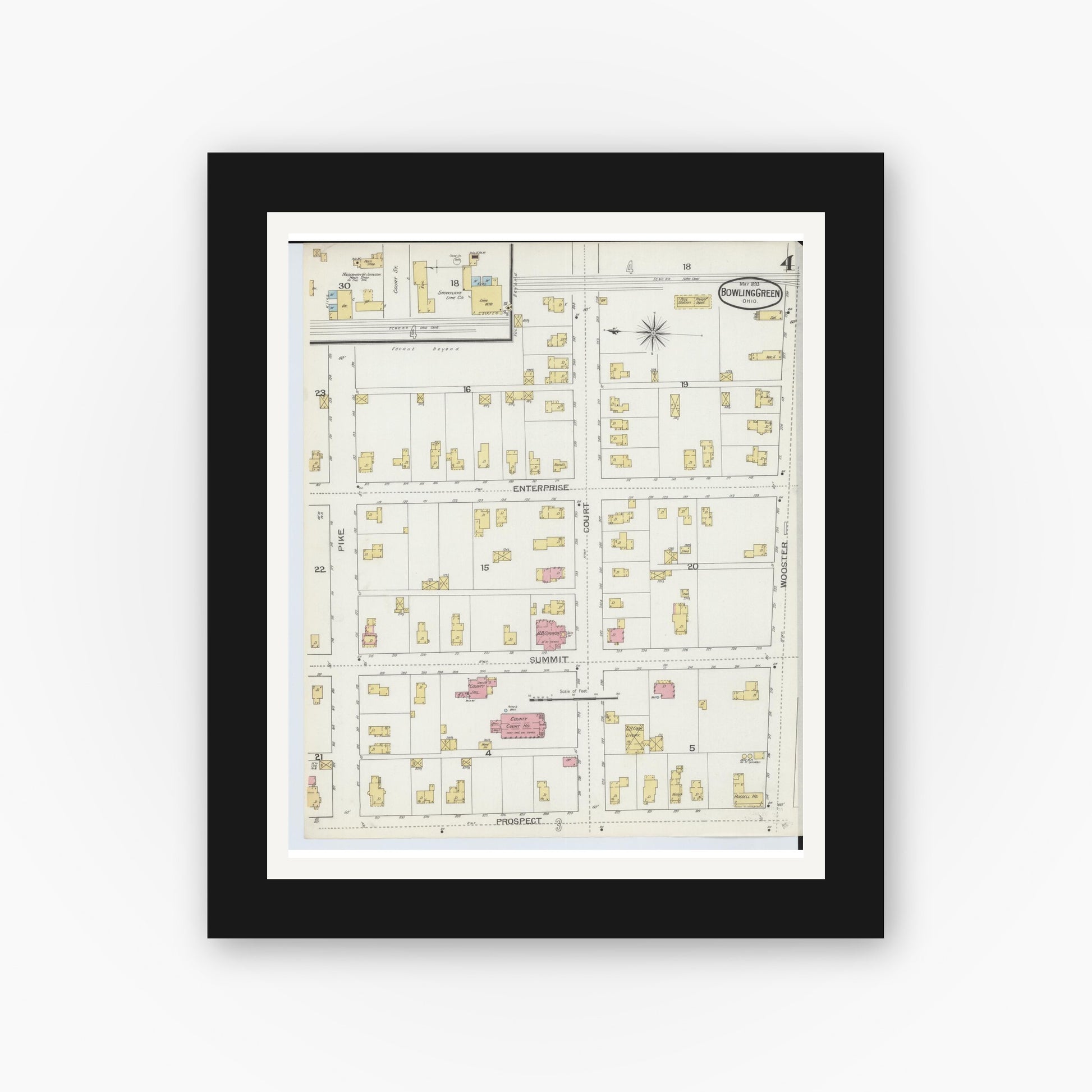 Old map wall art mockup — black gallery frame with white mat — Sanborn Fire Insurance Map from Bowling Green, Wood County, Ohio (1893), Sheet #0004