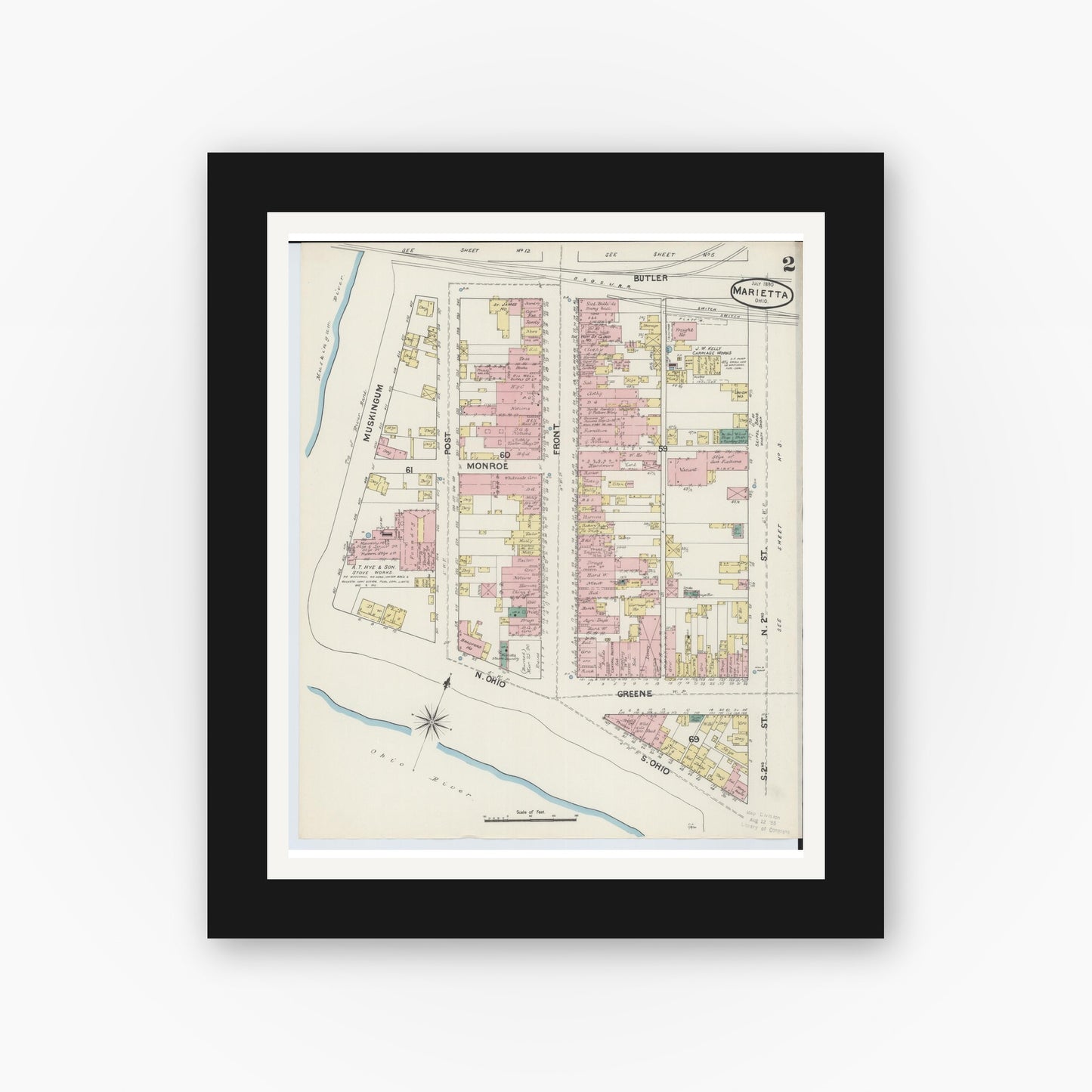 Old map wall art mockup — black gallery frame with white mat — Sanborn Fire Insurance Map from Marietta, Washington County, Ohio (1890), Sheet #0002