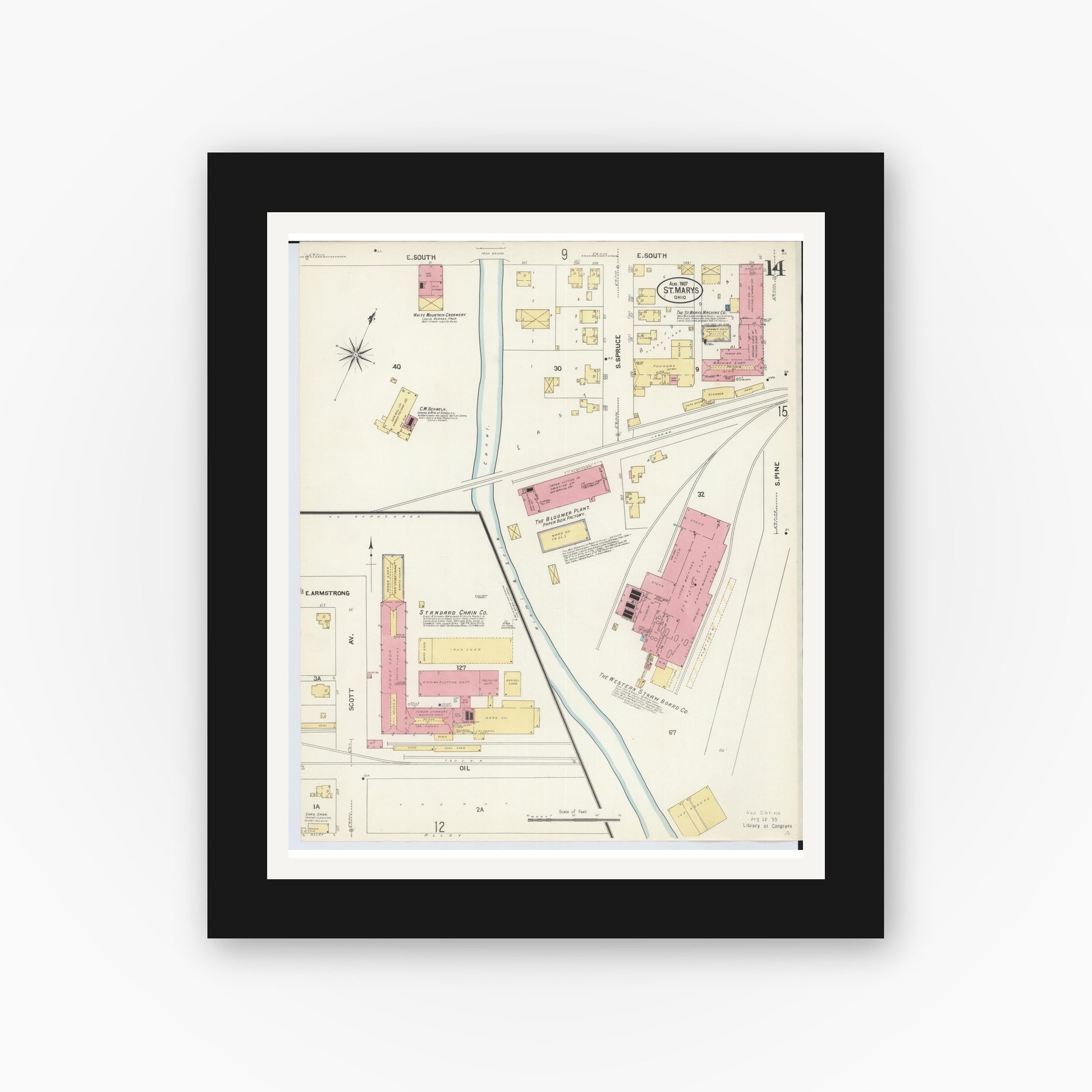 Old map wall art mockup — black gallery frame with white mat — Sanborn Fire Insurance Map from Saint Marys, Auglaize County, Ohio (1907), Sheet #0014