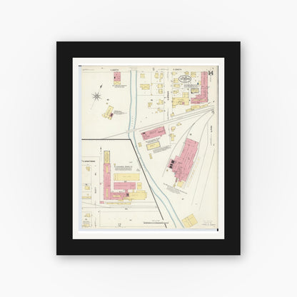 Old map wall art mockup — black gallery frame with white mat — Sanborn Fire Insurance Map from Saint Marys, Auglaize County, Ohio (1907), Sheet #0014