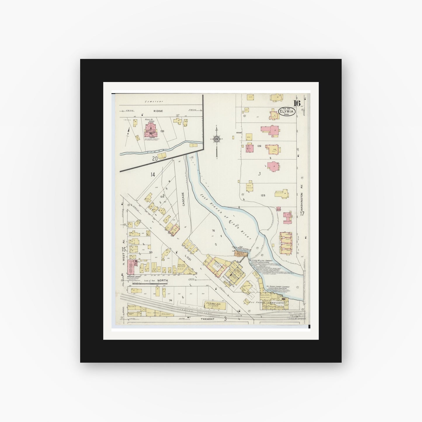 Old map wall art mockup — black gallery frame with white mat — Sanborn Fire Insurance Map from Elyria, Lorain County, Ohio (1915), Sheet #0016