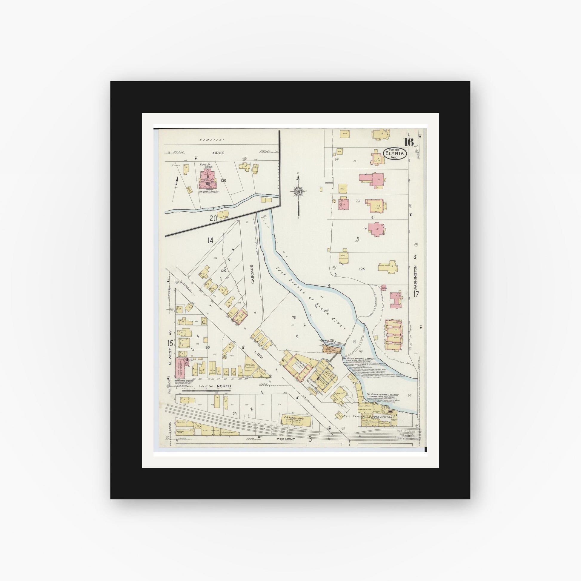 Old map wall art mockup — black gallery frame with white mat — Sanborn Fire Insurance Map from Elyria, Lorain County, Ohio (1915), Sheet #0016