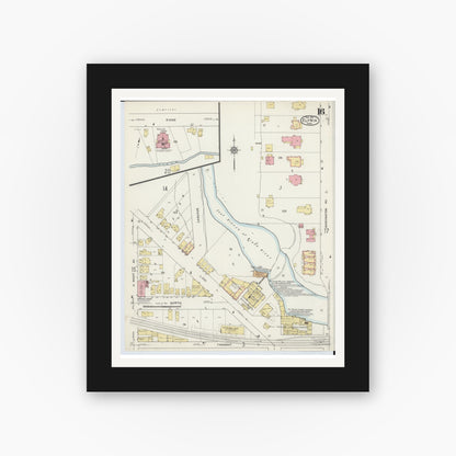 Old map wall art mockup — black gallery frame with white mat — Sanborn Fire Insurance Map from Elyria, Lorain County, Ohio (1915), Sheet #0016