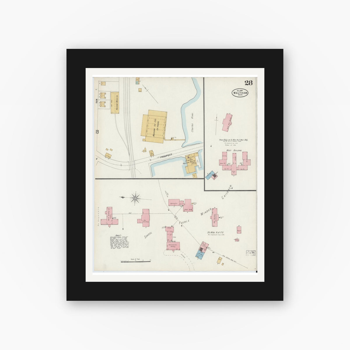Old map wall art mockup — black gallery frame with white mat — Sanborn Fire Insurance Map from Waltham, Middlesex County, Massachusetts (1897), Sheet #0028