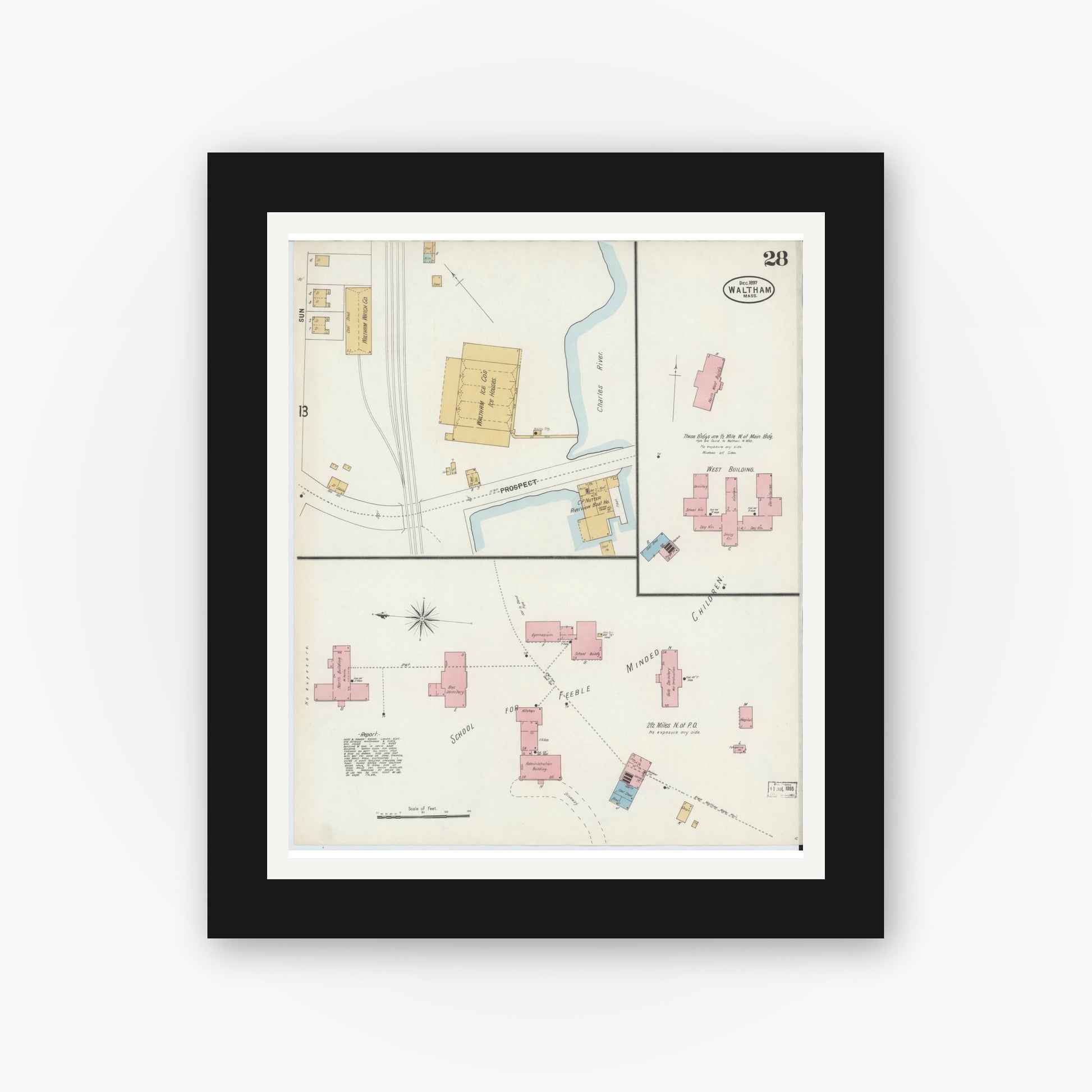 Old map wall art mockup — black gallery frame with white mat — Sanborn Fire Insurance Map from Waltham, Middlesex County, Massachusetts (1897), Sheet #0028