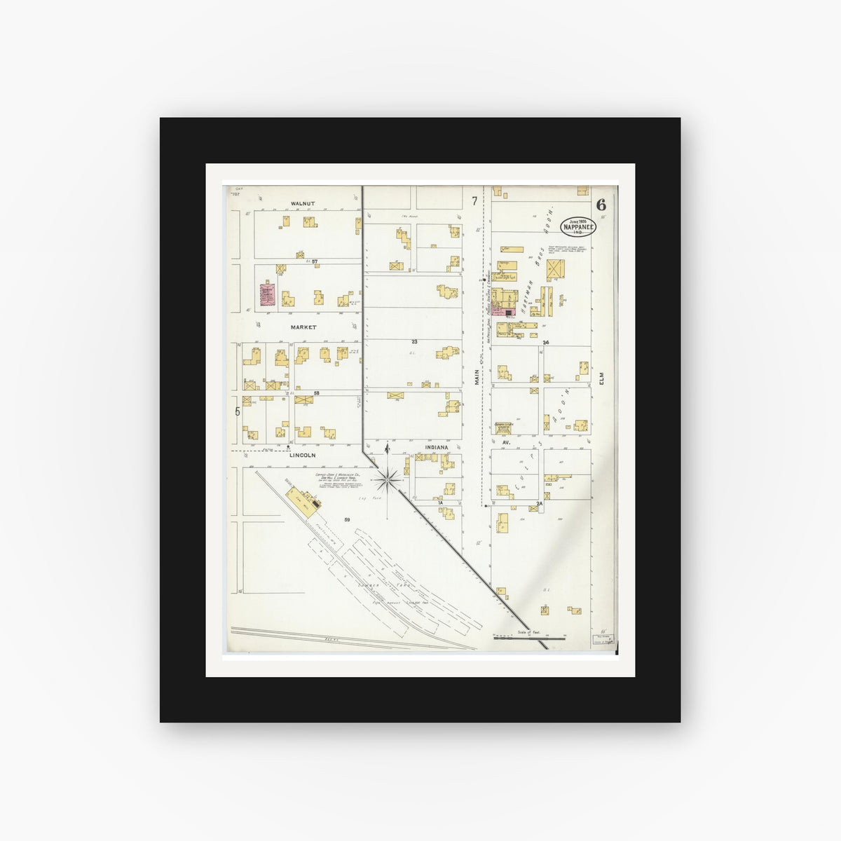 Old map wall art mockup — black gallery frame with white mat — Sanborn Fire Insurance Map from Nappanee, Elkhart County, Indiana (1905), Sheet #0006