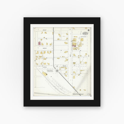 Old map wall art mockup — black gallery frame with white mat — Sanborn Fire Insurance Map from Nappanee, Elkhart County, Indiana (1905), Sheet #0006