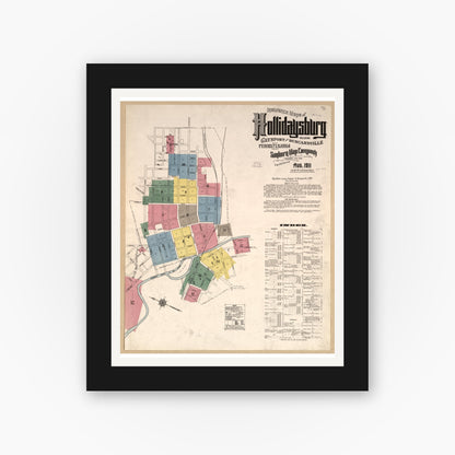 Old map wall art mockup — black gallery frame with white mat — Sanborn Fire Insurance Map from Hollidaysburg, Blair County, Pennsylvania (1911), Sheet #0001