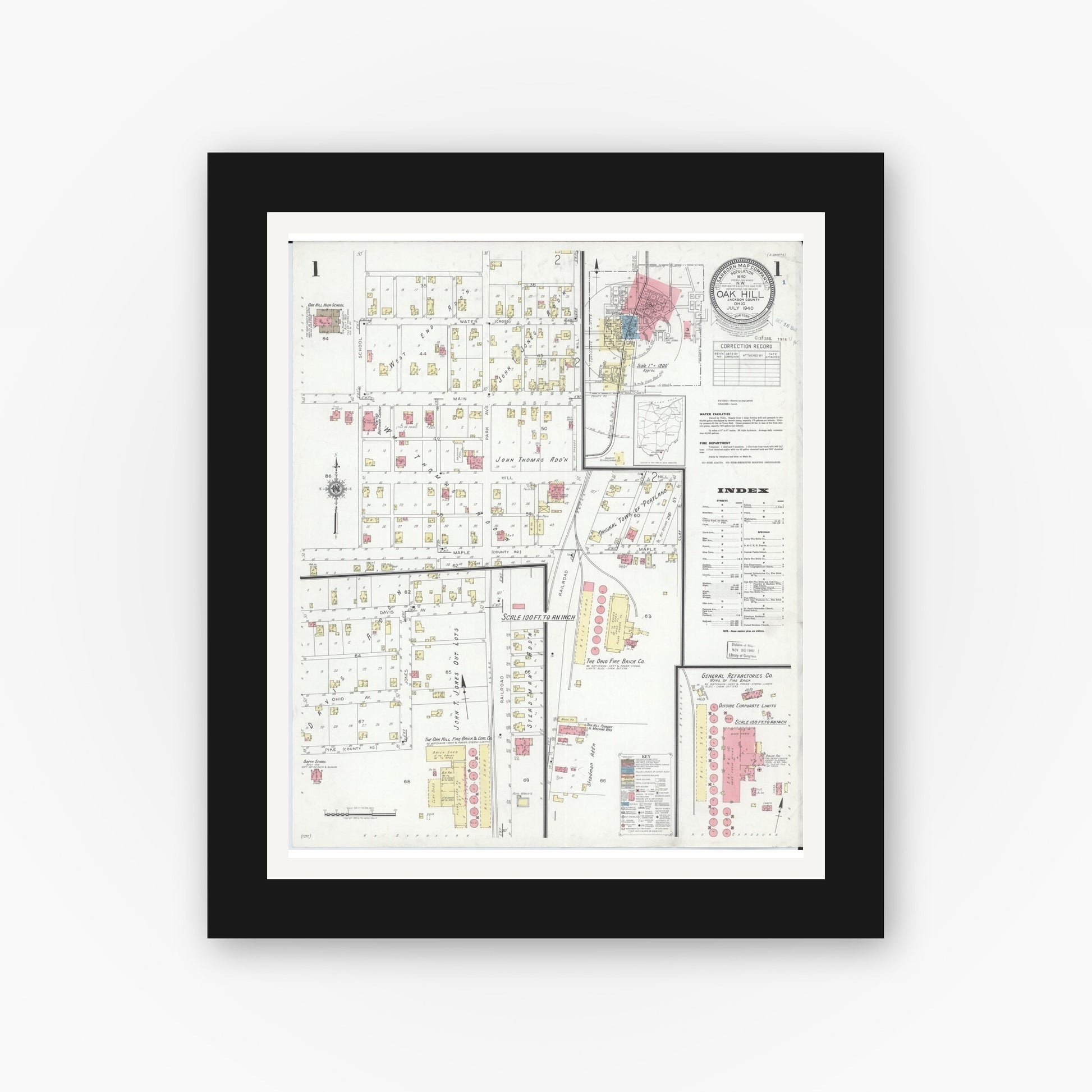 Old map wall art mockup — black gallery frame with white mat — Sanborn Fire Insurance Map from Oak Hill, Jackson County, Ohio (1940) - Complete Map Set