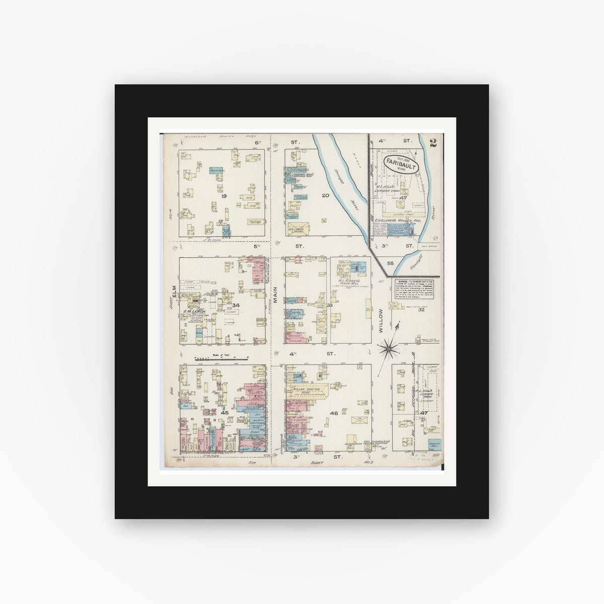Old map wall art mockup — black gallery frame with white mat — Sanborn Fire Insurance Map from Faribault, Rice County, Minnesota (1884), Sheet #0002