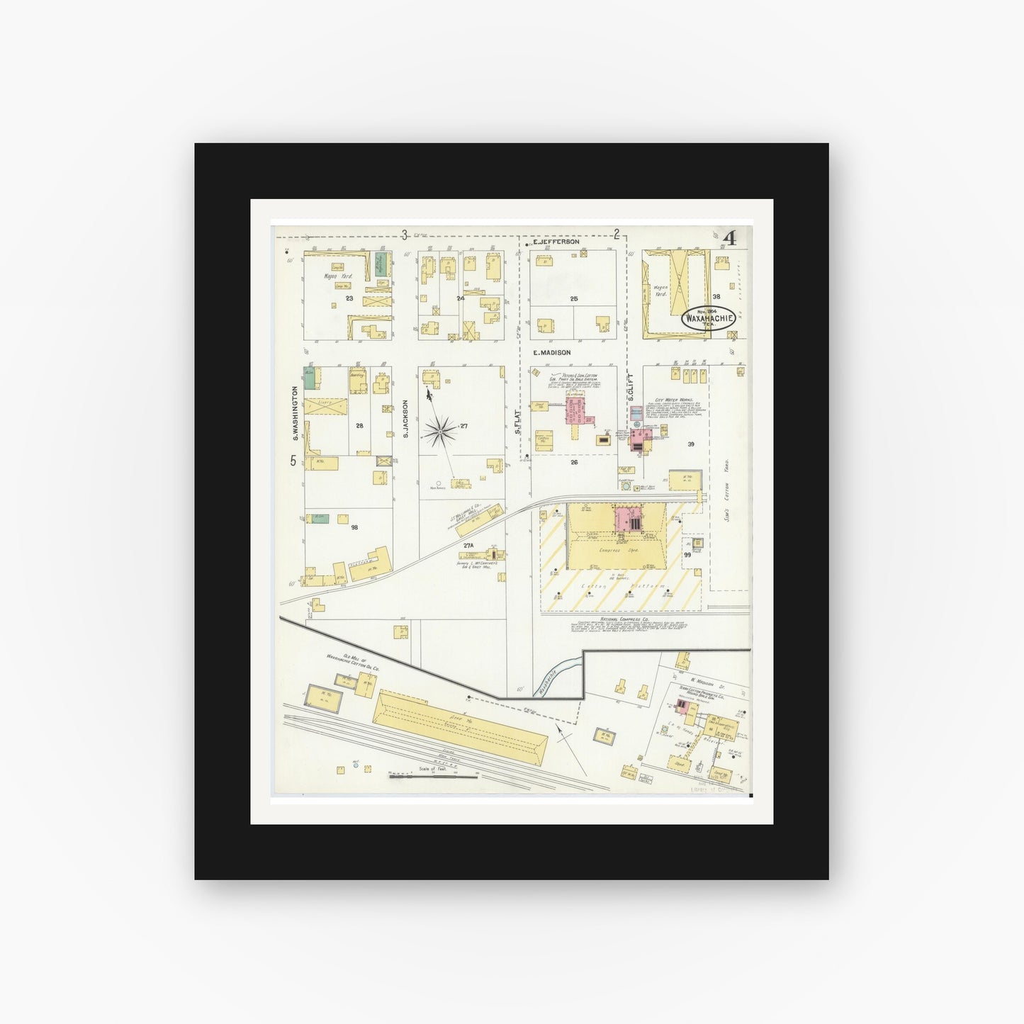 Old map wall art mockup — black gallery frame with white mat — Sanborn Fire Insurance Map from Waxahachie, Ellis County, Texas (1904), Sheet #0004