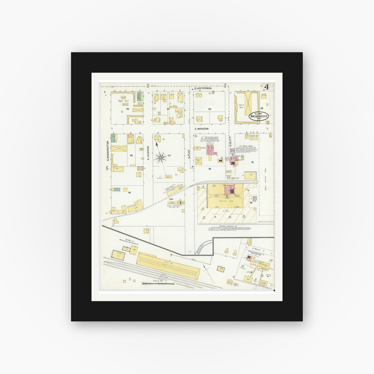 Old map wall art mockup — black gallery frame with white mat — Sanborn Fire Insurance Map from Waxahachie, Ellis County, Texas (1904), Sheet #0004