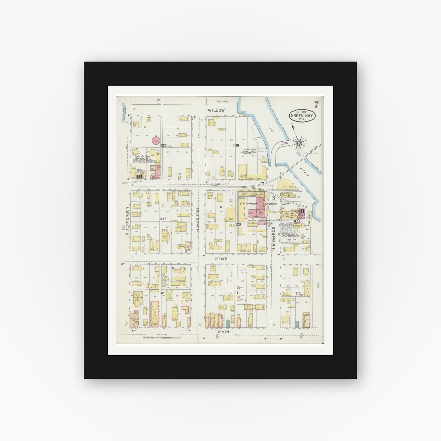Old map wall art mockup — black gallery frame with white mat — Sanborn Fire Insurance Map from Green Bay, Brown County, Wisconsin (1894), Sheet #0007