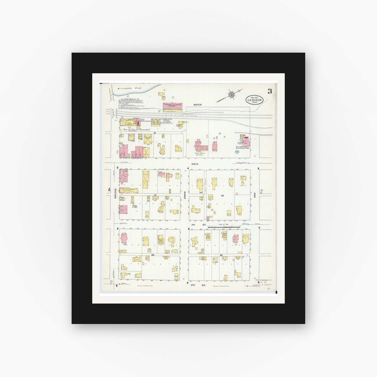 Old map wall art mockup — black gallery frame with white mat — Sanborn Fire Insurance Map from Le Sueur, Le Sueur County, Minnesota (1910), Sheet #0003