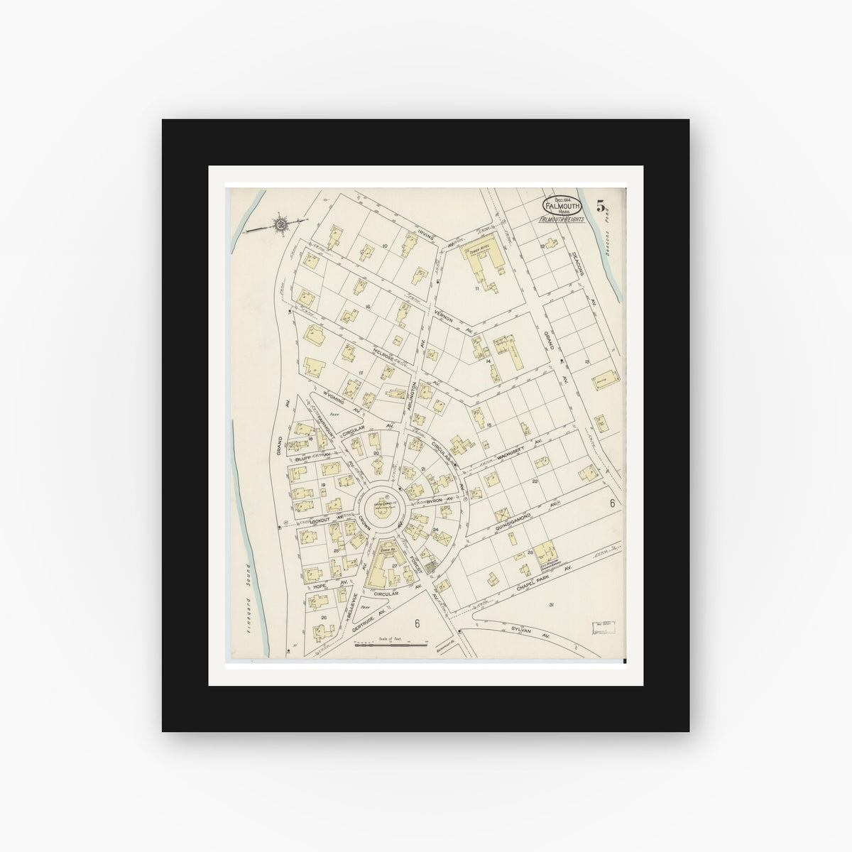 Old map wall art mockup — black gallery frame with white mat — Sanborn Fire Insurance Map from Falmouth, Barnstable County, Massachusetts (1914), Sheet #0005