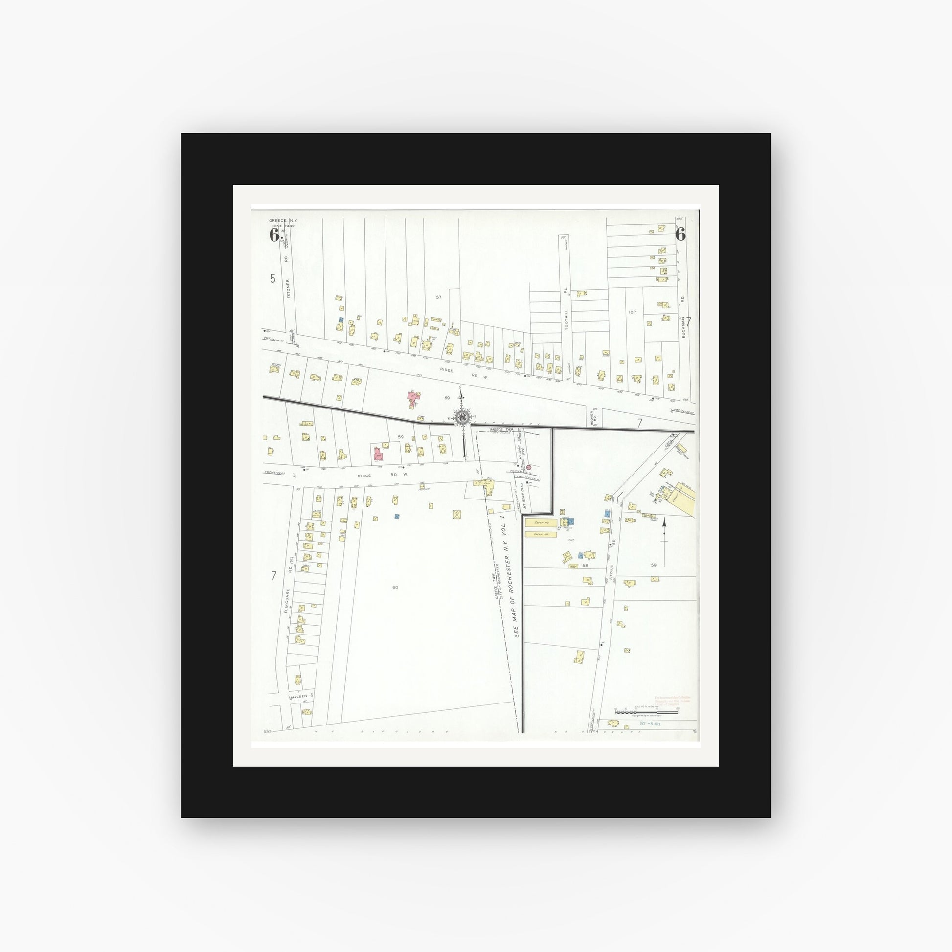 Old map wall art mockup — black gallery frame with white mat — Sanborn Fire Insurance Map from Greece, Monroe County, New York (1942), Sheet #0006