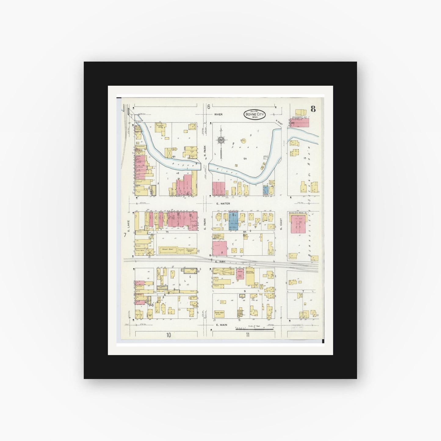 Old map wall art mockup — black gallery frame with white mat — Sanborn Fire Insurance Map from Boyne City, Charlevoix County, Michigan (1911), Sheet #0008
