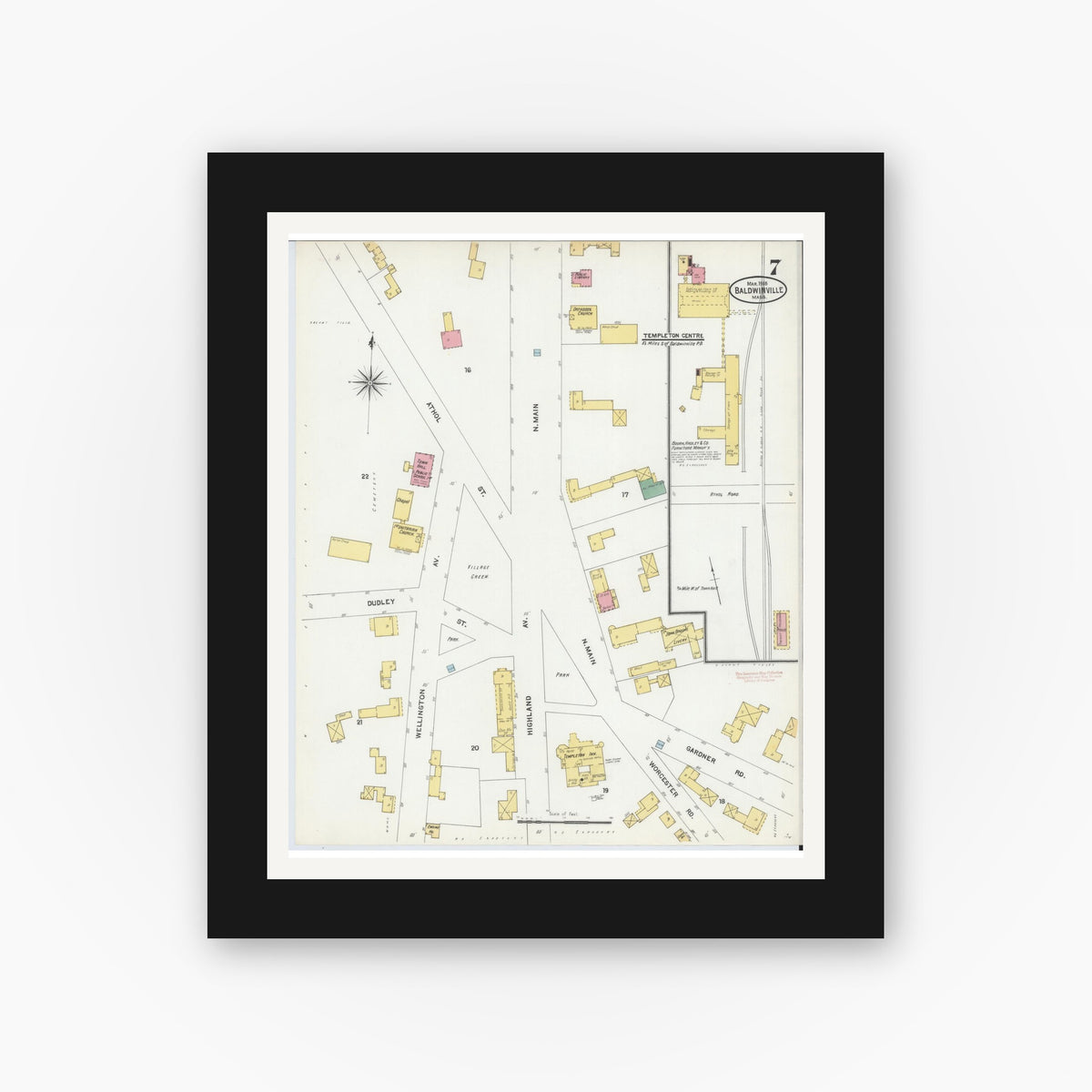 Old map wall art mockup — black gallery frame with white mat — Sanborn Fire Insurance Map from Baldwinville, Worcester County, Massachusetts (1905), Sheet #0007
