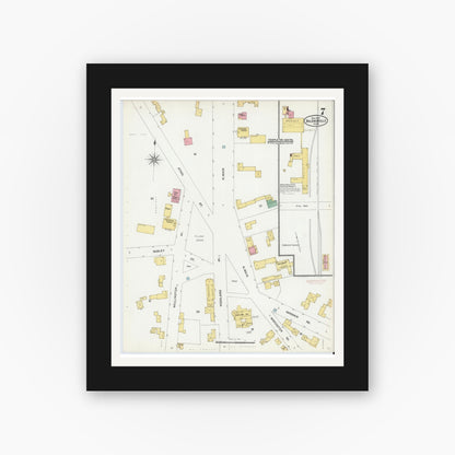 Old map wall art mockup — black gallery frame with white mat — Sanborn Fire Insurance Map from Baldwinville, Worcester County, Massachusetts (1905), Sheet #0007