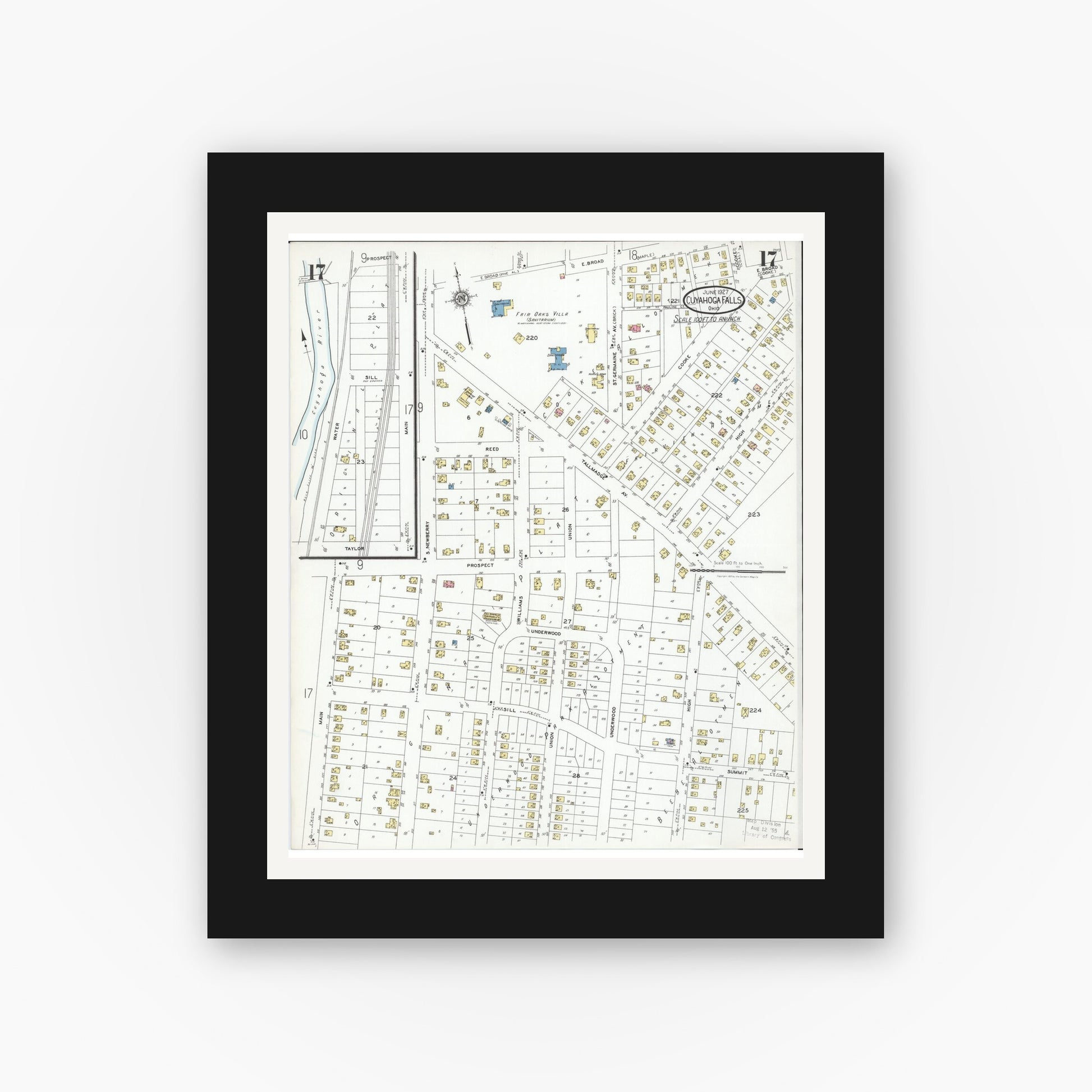 Old map wall art mockup — black gallery frame with white mat — Sanborn Fire Insurance Map from Cuyahoga Falls, Summit County, Ohio (1927), Sheet #0017