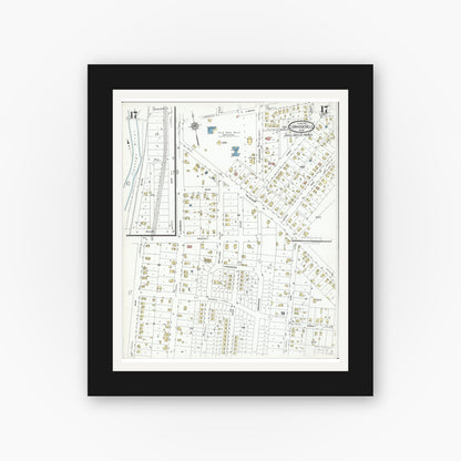 Old map wall art mockup — black gallery frame with white mat — Sanborn Fire Insurance Map from Cuyahoga Falls, Summit County, Ohio (1927), Sheet #0017