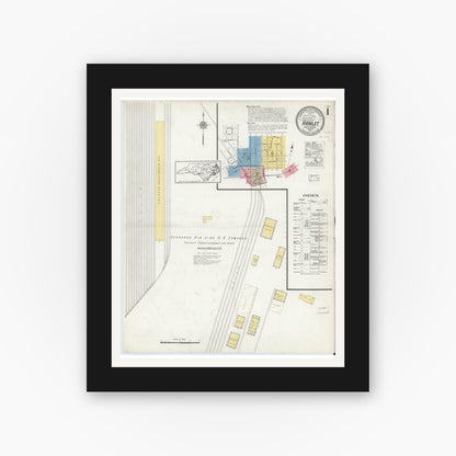 Old map wall art mockup — black gallery frame with white mat — Sanborn Fire Insurance Map from Hamlet, Richmond County, North Carolina (1916), Sheet #0001