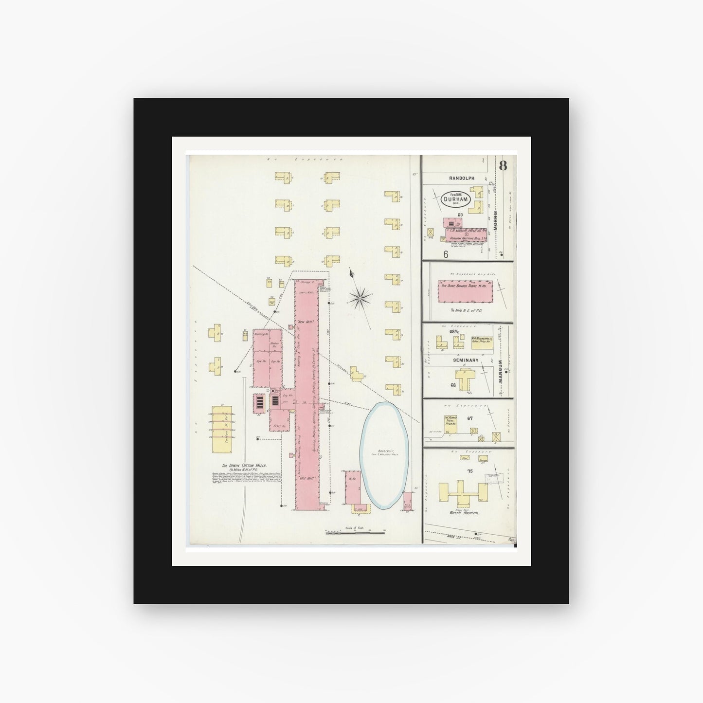 Old map wall art mockup — black gallery frame with white mat — Sanborn Fire Insurance Map from Durham, Durham County, North Carolina (1898), Sheet #0008