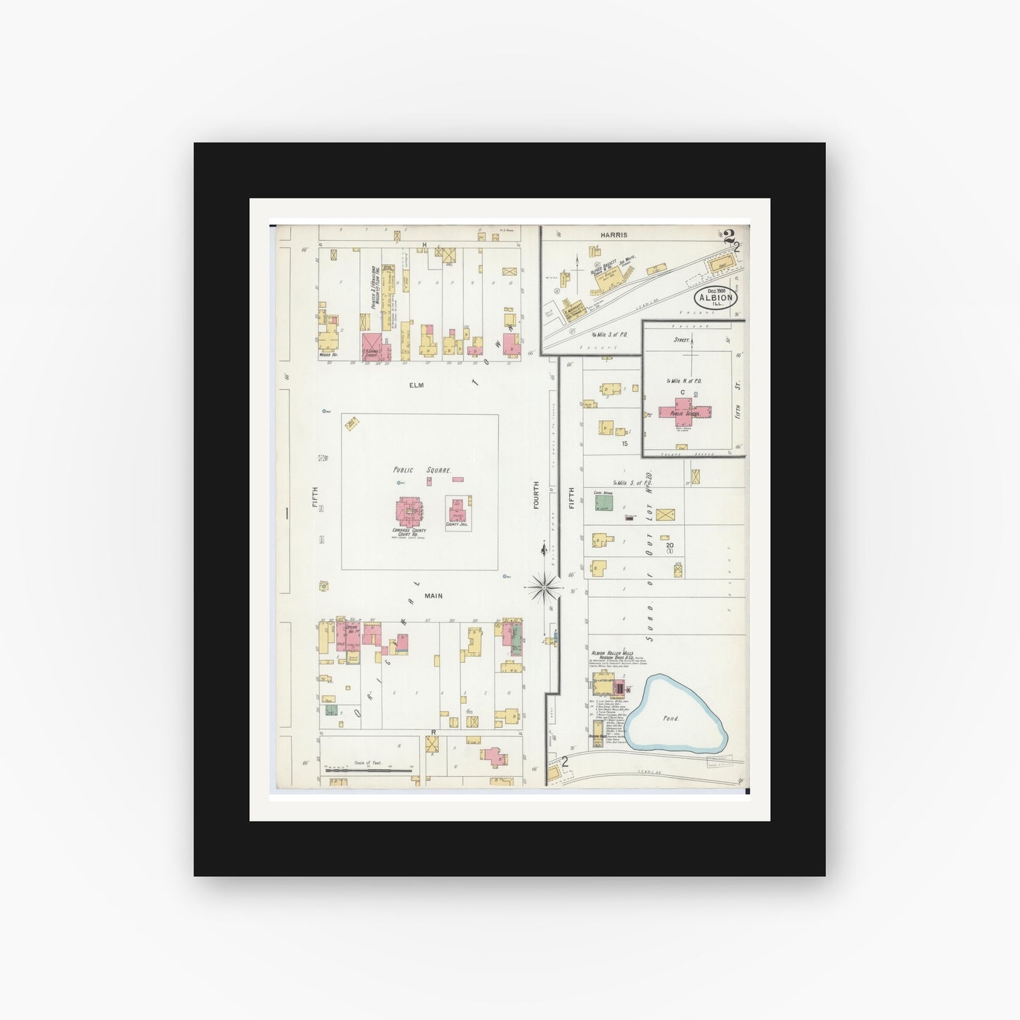 Old map wall art mockup — black gallery frame with white mat — Sanborn Fire Insurance Map from Albion, Edwards County, Illinois (1900), Sheet #0002