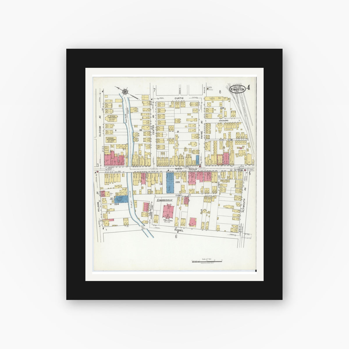 Old map wall art mockup — black gallery frame with white mat — Sanborn Fire Insurance Map from Kingston, Luzerne County, Pennsylvania (1919), Sheet #0004