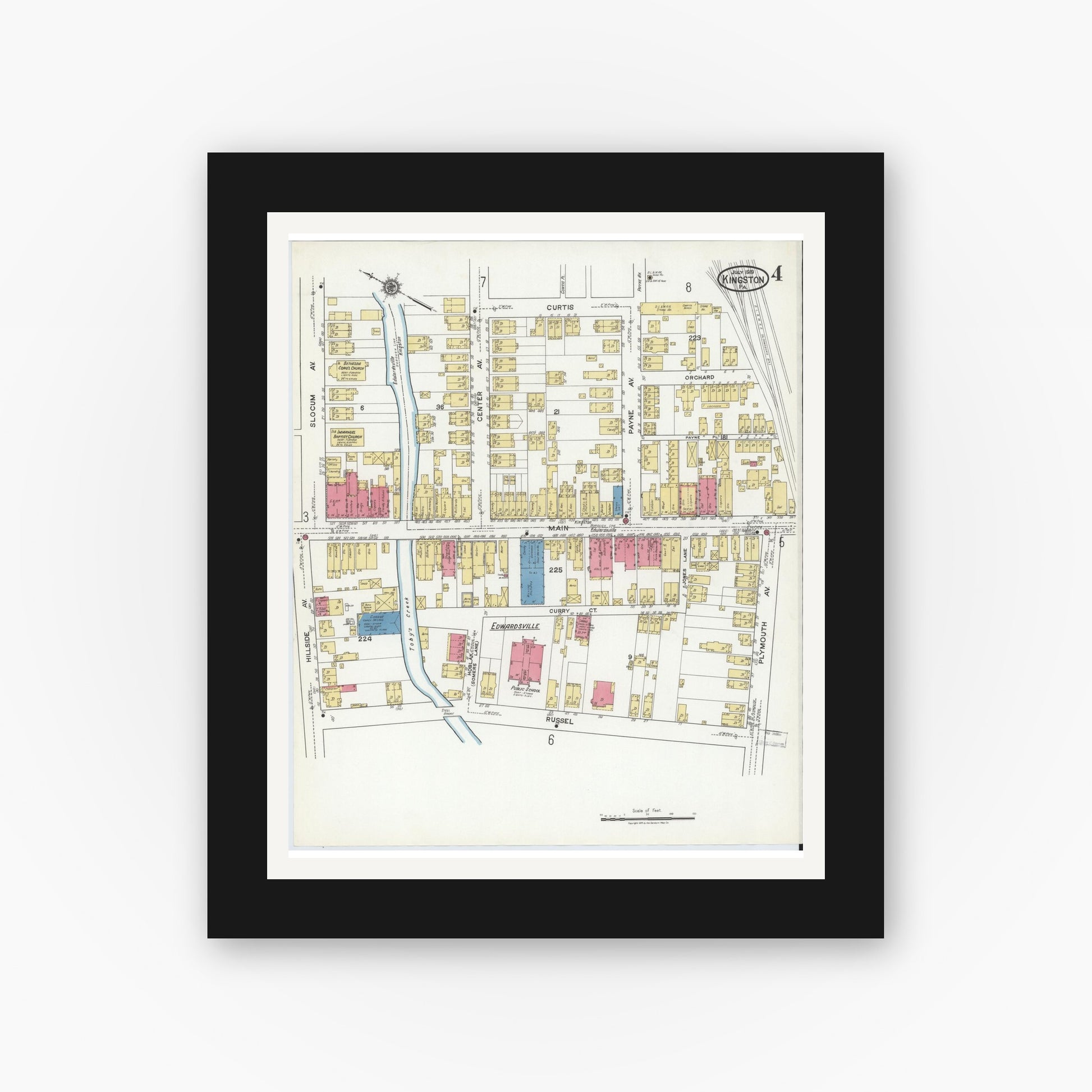 Old map wall art mockup — black gallery frame with white mat — Sanborn Fire Insurance Map from Kingston, Luzerne County, Pennsylvania (1919), Sheet #0004