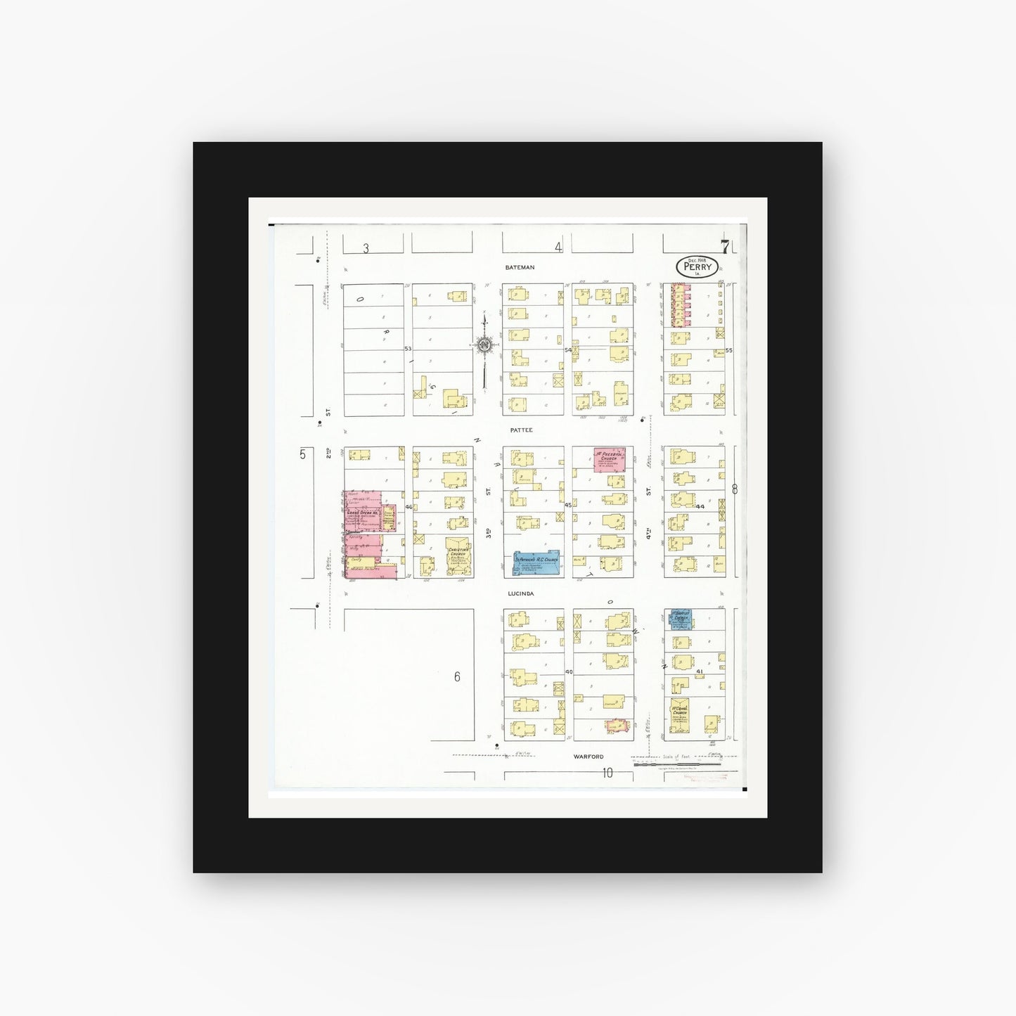 Old map wall art mockup — black gallery frame with white mat — Sanborn Fire Insurance Map from Perry, Dallas County, Iowa (1918), Sheet #0007