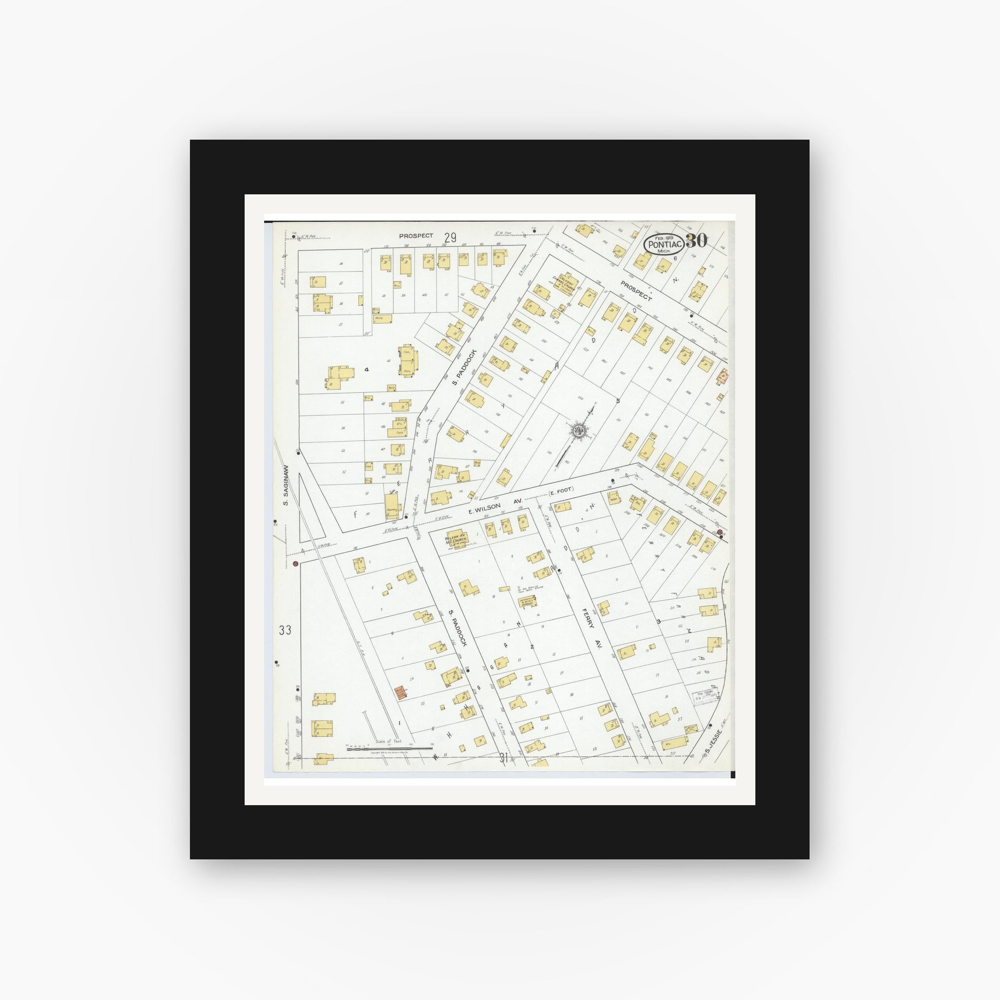 Old map wall art mockup — black gallery frame with white mat — Sanborn Fire Insurance Map from Pontiac, Oakland County, Michigan (1919), Sheet #0030