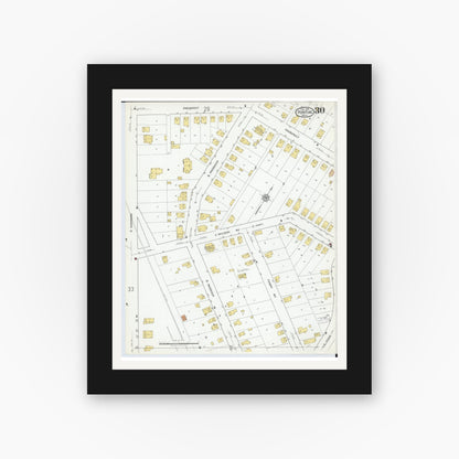 Old map wall art mockup — black gallery frame with white mat — Sanborn Fire Insurance Map from Pontiac, Oakland County, Michigan (1919), Sheet #0030