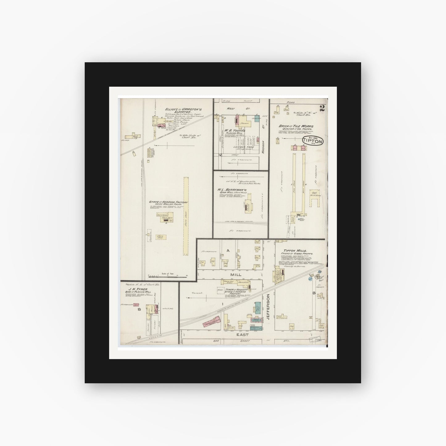 Old map wall art mockup — black gallery frame with white mat — Sanborn Fire Insurance Map from Tipton, Tipton County, Indiana (1885), Sheet #0002