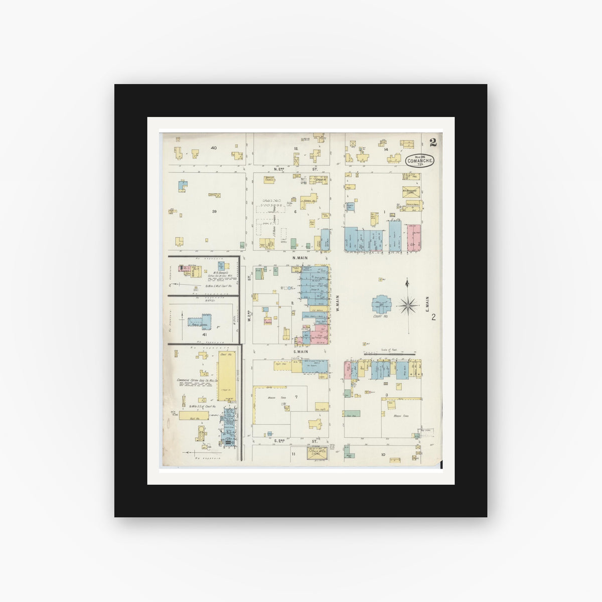 Old map wall art mockup — black gallery frame with white mat — Sanborn Fire Insurance Map from Comanche, Comanche County, Texas (1896), Sheet #0002