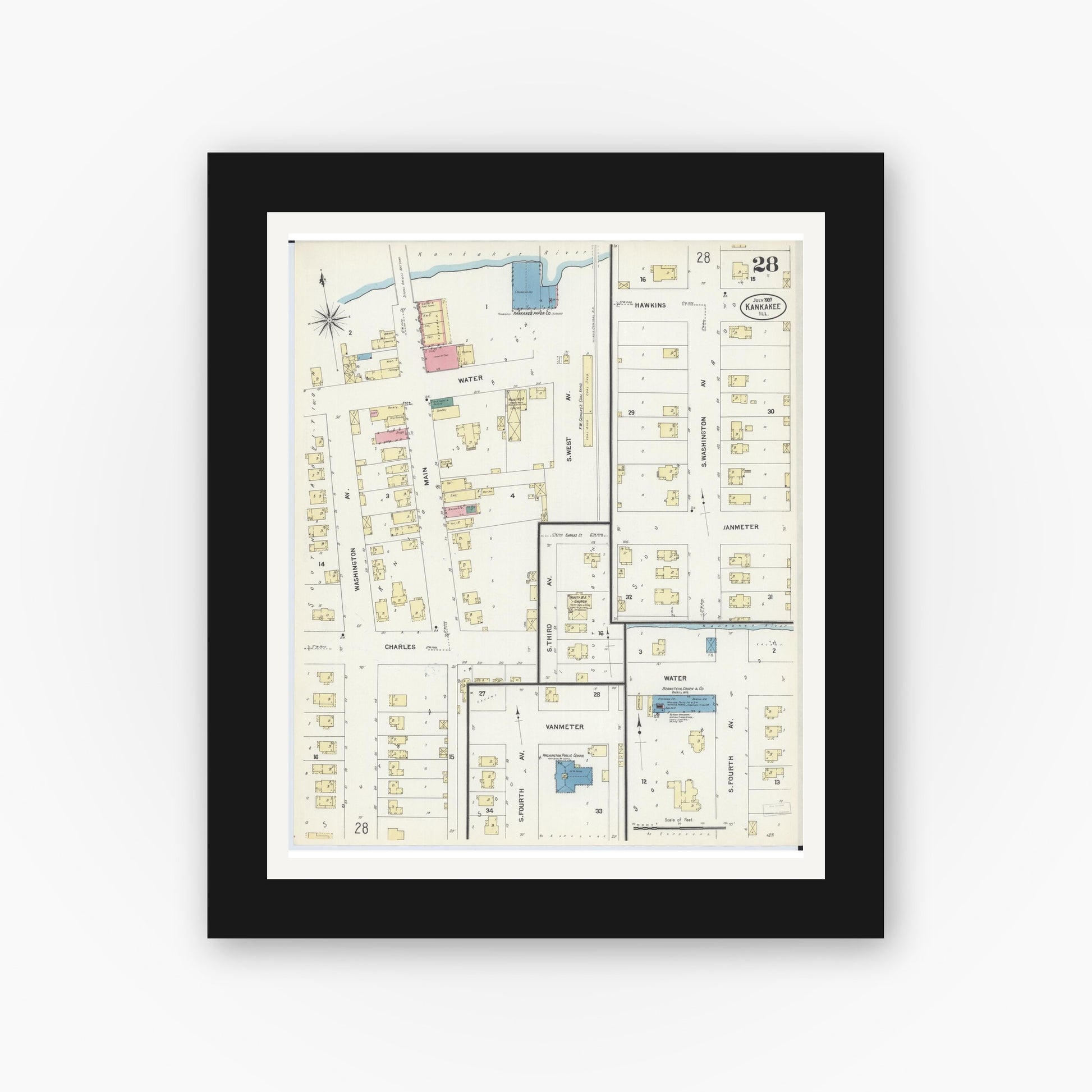 Old map wall art mockup — black gallery frame with white mat — Sanborn Fire Insurance Map from Kankakee, Kankakee County, Illinois (1907), Sheet #0028