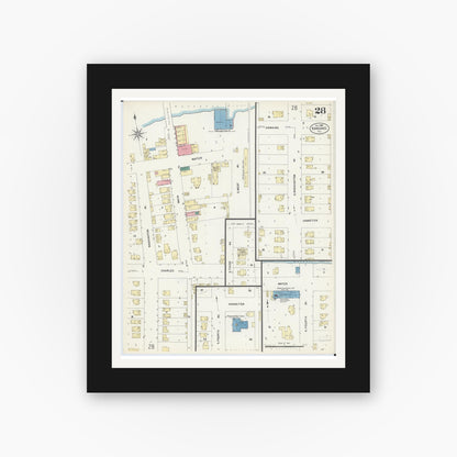Old map wall art mockup — black gallery frame with white mat — Sanborn Fire Insurance Map from Kankakee, Kankakee County, Illinois (1907), Sheet #0028