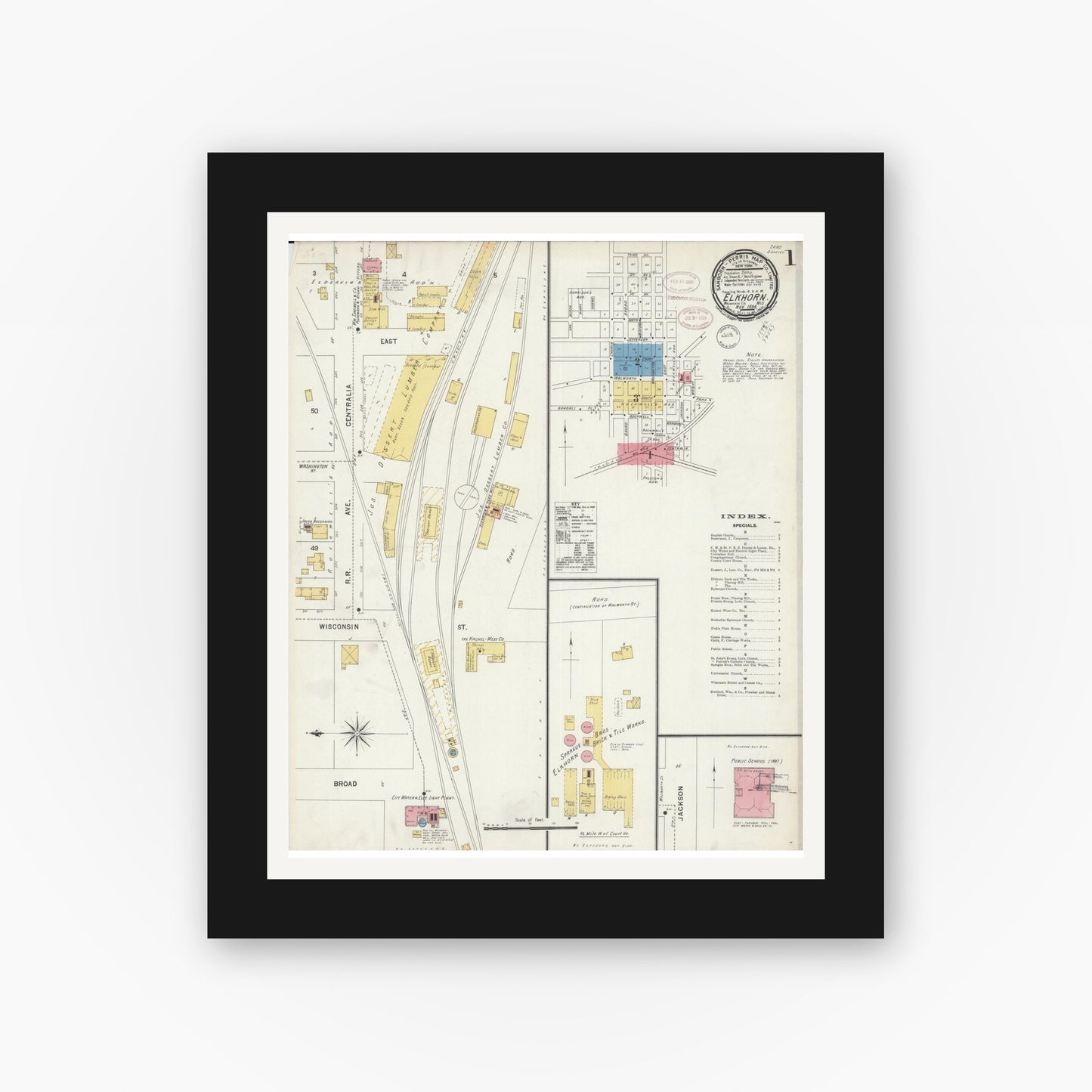 Old map wall art mockup — black gallery frame with white mat — Sanborn Fire Insurance Map from Elkhorn, Walworth County, Wisconsin (1898) - Complete Map Set