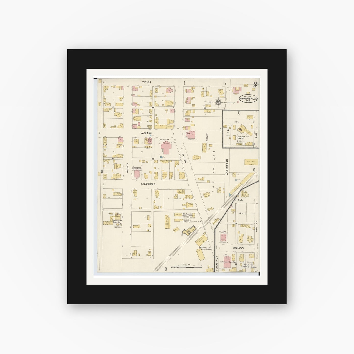 Old map wall art mockup — black gallery frame with white mat — Sanborn Fire Insurance Map from Farmersville, Montogomery County, Ohio (1912), Sheet #0002